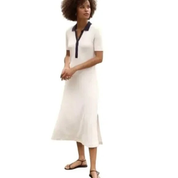 NWT AYR The Scout Dress Seashell Cream Navy Blue Midi Collar Pima Cotton XS S - Picture 1 of 6